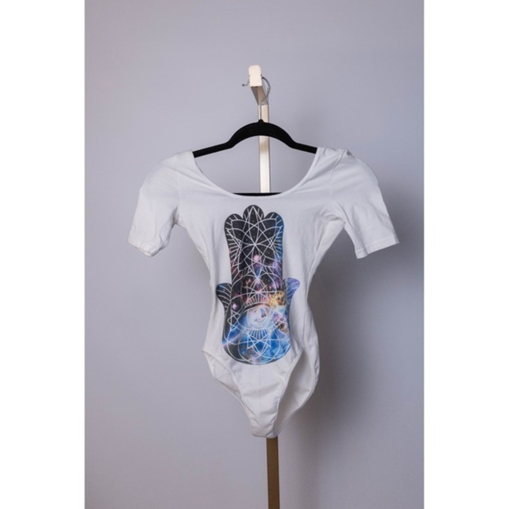 IAMVIBES Women's Galaxy Hamsa Bodysuit White Organic Cotton Size S Puff Sleeve